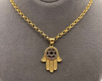 14k solid Gold Hamsa with Star of David Necklace