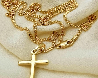 18k Gold Cross Necklace: Diamond Cut Curb Chain, 20 inch