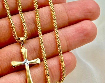 18k Gold Cross Necklace with Franco Chain