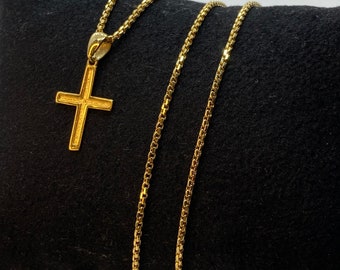 18k Real Gold Cross Necklace with Box chain in different sizes  ,16",18'',20",22",24",inches,1mm, For her ,For Him, Birthday Gift.