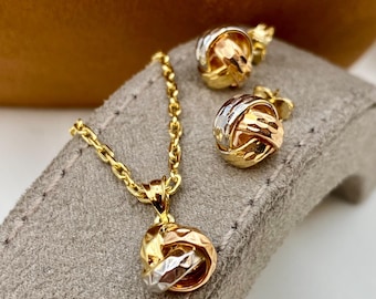 18k Gold Love Knot Necklace & Earrings Set - Tri-Color Handmade Jewelry