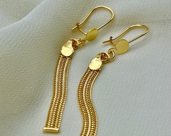 18k Gold Tassel Earrings, Gold Dangle Earrings, 18k Dangle drop Earring, Fringe Earrings, 18k Real Gold Earring, Gift Earring, For Her.