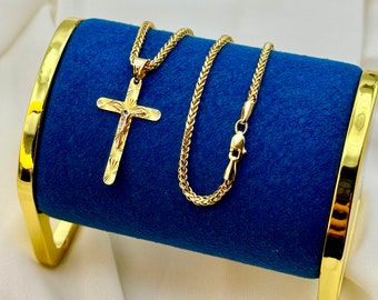 18k Gold Cross Necklace, Cross Necklace with Franco Chain ,Gold Cross Necklace , For Him, For Her ,Anniversary Gift ,Birthday Gift.