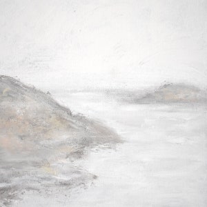 May include: A minimalist painting of a seascape with two gray islands in the distance and a gray rocky shoreline in the foreground. The sky and water are a light gray, creating a serene and peaceful atmosphere.