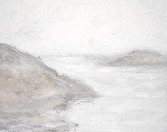 May include: A minimalist painting of a seascape with two gray islands in the distance and a gray rocky shoreline in the foreground. The sky and water are a light gray, creating a serene and peaceful atmosphere.