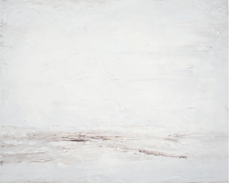 May include: Abstract painting with a white background and subtle brown brushstrokes creating a horizon line.