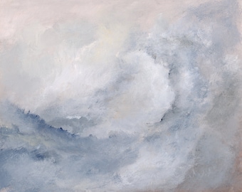 May include: Abstract painting with a swirling, cloudy design in shades of blue, white, and gray.