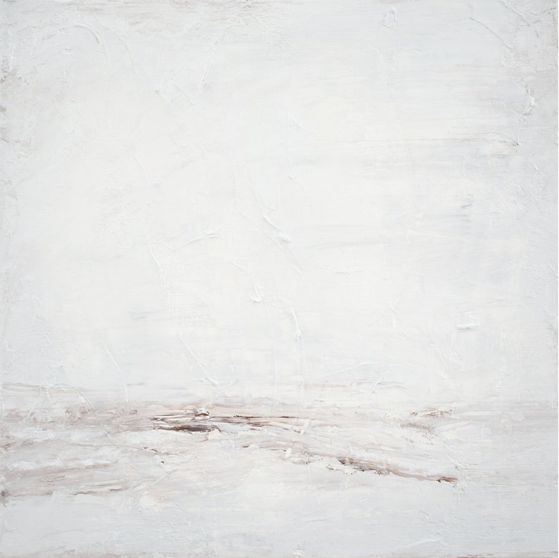 May include: Abstract painting with a white background and a thin brown line across the bottom.