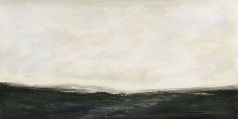 以下が含まれることがあります： 暗い前景と明るい曇り空を持つ風景のミニマルな絵画です。