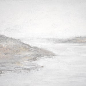 May include: A minimalist abstract painting of a seascape with two islands in the distance. The painting is done in shades of gray and white, with a hint of beige.