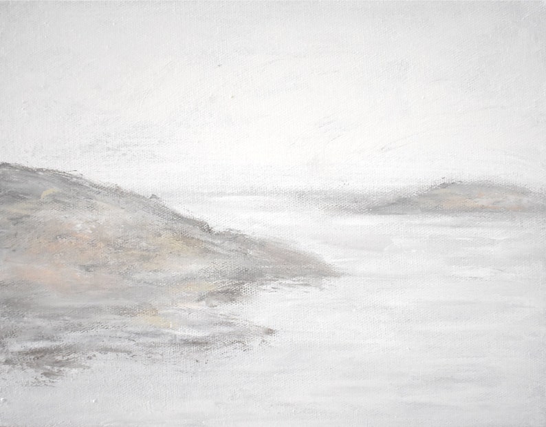 May include: A minimalist abstract painting of a seascape with two islands in the distance. The painting is done in shades of gray and white, with a hint of beige.