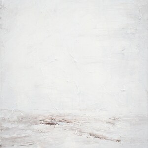 May include: Abstract painting with a white background and subtle brown brushstrokes creating a landscape scene.