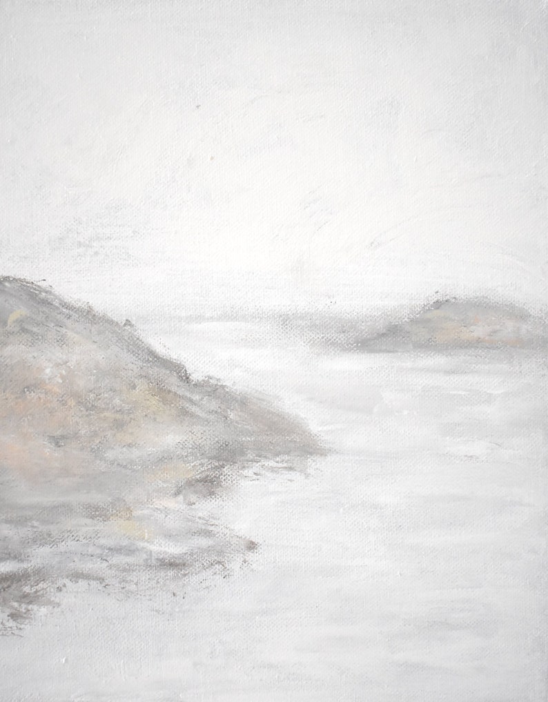 May include: A minimalist painting of a seascape with two gray islands in the distance and a gray rocky shoreline in the foreground. The sky and water are a light gray, creating a serene and peaceful atmosphere.