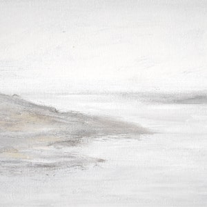 May include: A minimalist abstract painting of a seascape with a gray and white color scheme. The painting depicts a rocky shoreline with a calm body of water in the background.