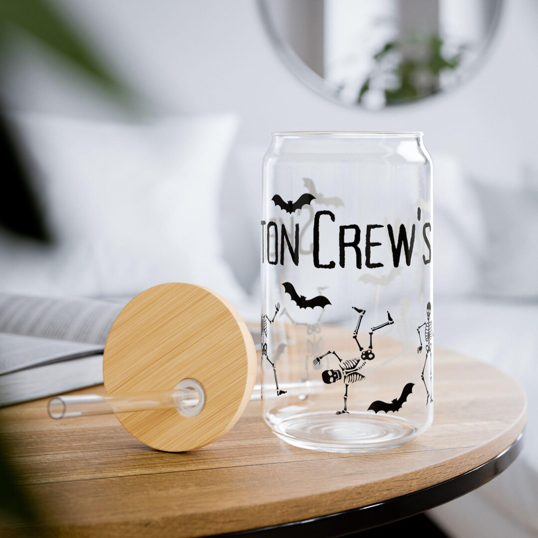Skeleton Crew's Brew 16oz Sipper Glass, Coffee Cup, Goth Kitchen