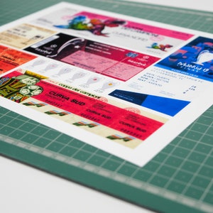 May include: A collection of colorful tickets and stickers featuring the UEFA Champions League logo, the text "Madrid 19 Final", and the words "Curva Sud" in red and white.
