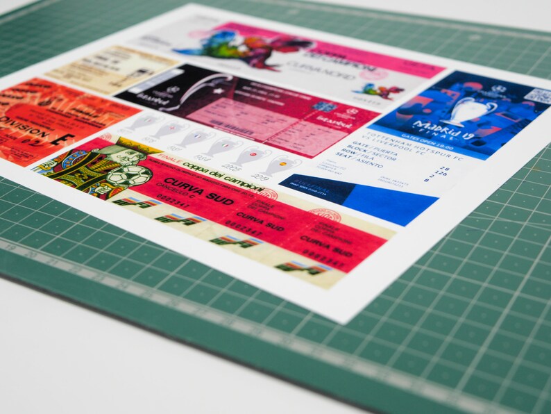 May include: A collection of colorful tickets and stickers featuring the UEFA Champions League logo, the text "Madrid 19 Final", and the words "Curva Sud" in red and white.