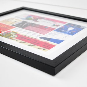 May include: A black framed picture with a white mat showcasing a collection of vintage concert tickets. The tickets are arranged in a collage style and feature various bands and events.