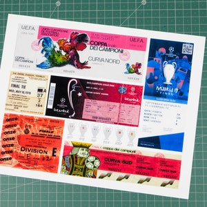 May include: A collection of vintage soccer ticket stubs and memorabilia featuring the UEFA Champions League Final, Coppa dei Campioni, and other soccer events. The tickets are printed on paper and feature various designs, including a rooster, a trophy, and a soccer player. The tickets are in various colors, including red, blue, white, and black.
