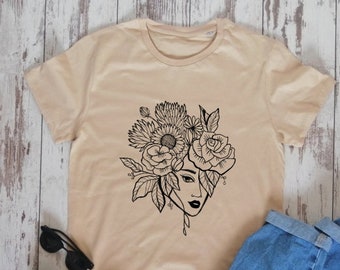 Organic cotton, Girl with flowers T-shirt, Gift Shirt, unisex t-shirt, vegan shirt, eco-friendly shirt, nature motives shirt, feminist shirt