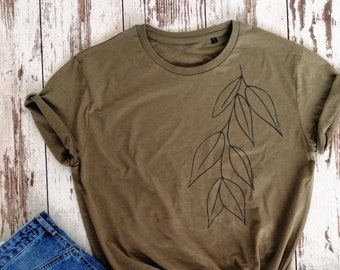 Leaves t-shirt, nature motives t-shirt, cool t-shirt gift, hand draw shirt, organic cotton shirt, vegan gift shirt, minimalist shirt