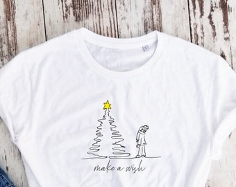 Bio-Baumwolle, Make a Wish T-Shirt, Geschenkshirt, Weihnachtsbaum-T-Shirt, Weihnachts-T-Shirt, Line-Art-Shirt, Weihnachts-T-Shirt-Geschenk
