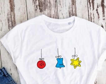 Organic cotton, Christmas toys T-shirt, Gift Shirt, Christmas tree toys t-shirt, Christmas t-shirt, line art shirt, Christmas t-shirt gift