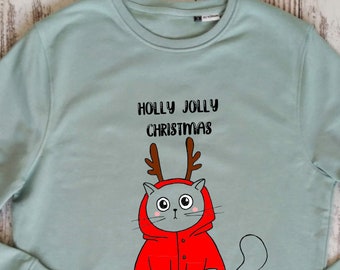 Holly Jolly Weihnachtspullover aus Bio-Baumwolle, Bio-Sweatshirt, Weihnachtsshirt, Weihnachtsgeschenk, Katzenliebhaber-Shirt