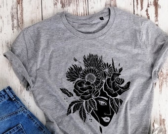Organic cotton, Girl with flowers T-shirt, Gift Shirt, unisex t-shirt, vegan shirt, eco-friendly shirt, nature motives shirt, stylish shirt