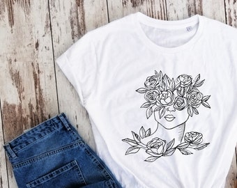 Girl with flowers t-shirt, flowers t-shirt, cool t-shirt gift, hand draw shirt, organic cotton shirt, feminist shirt