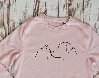 Katzen- und Hundefreundschaft aus Bio-Baumwolle, Bio-Sweatshirt, Geburtstagsshirt, Katzen- und Hunde-Sweatshirt, Geschenk für Mädchen, Geschenk für die beste Freundin