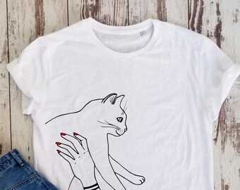 Cat t-shirt, pet t-shirt, feminism t-shirt gift, hand draw shirt, organic cotton shirt, vegan gift shirt, minimalist shirt