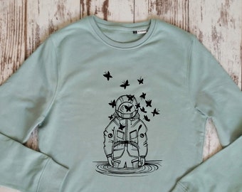 Bio-Baumwolle Kosmonaut mit Schmetterlingen, Bio-Sweatshirt, Geburtstagsshirt, Kosmonauten-Schmetterlings-Sweatshirt, für Mädchen, Geschenk für Freundin