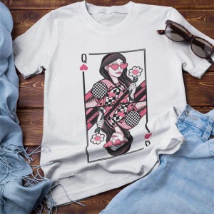 Biologisch katoen, hartenkoningin-shirt, kaarten-T-shirt, stijlvol trendy shirt