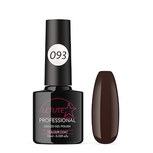 May include: A 10 ml bottle of dark brown UV/LED gel polish with a black cap and a white label that says "LETUTE PROFESSIONAL UV/LED GEL POLISH COLOUR COAT 10ml - 0.33fl oz e" and a red star. The bottle is labeled with the number 093.