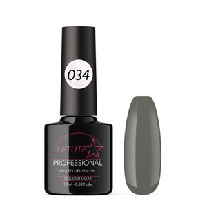 May include: A bottle of green UV/LED gel polish with the number 034 on the label. The bottle is labeled "LETUTE PROFESSIONAL UV/LED GEL POLISH COLOUR COAT 10ml - 0.33fl oZe".