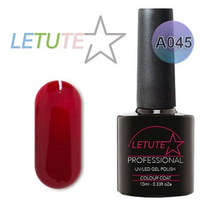 May include: A 10 ml bottle of red UV/LED gel polish with a black cap and a white star logo. The bottle label reads "LETUTE PROFESSIONAL UV/LED GEL POLISH COLOUR COAT 10ml - 0.33fl oZe".