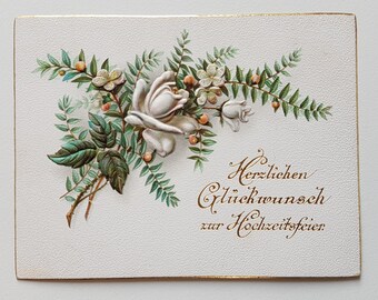 Congratulations on the Wedding Party-Original around 1900-Vintage Greeting Card Greetings card-Embossed Print-Roses-Golden Font
