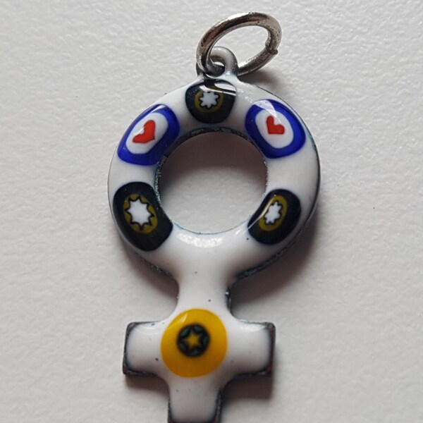 Venus Chain Pendant-Enamel Email Millefiori White Blue-70s Handmade Swabian Factory Vintage Woman Goddess Jewelry Unique