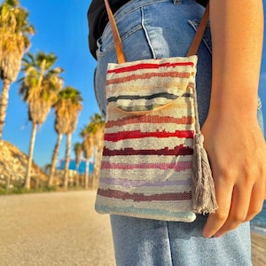 Bolsa de tapiz para teléfono celular hecha a mano, bolso de tela, porta gafas, funda para iPhone, correa de cuero, bolsa pequeña para collar, diseño