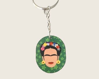 フリーダ・カーロの木製キーホルダー、カラフルな肖像画のキーリング、ボヘミアン風バッグチャーム、アート好きへのギフト