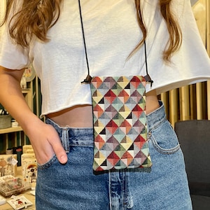 Astuccio per cellulare fatto a mano, borsa in tessuto, porta occhiali, custodia per iPhone, cinturino in pelle, piccola custodia per collana, design pop