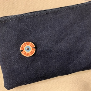 Vaqueros hechos a mano, bolsa pequeña, monedero, cosméticos con mal de ojo + bolsillo para tarjetas de crédito, estuche de mati griego