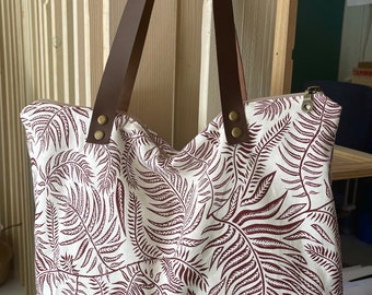Handmade Fern Print Tote Bag with Leather Handles
