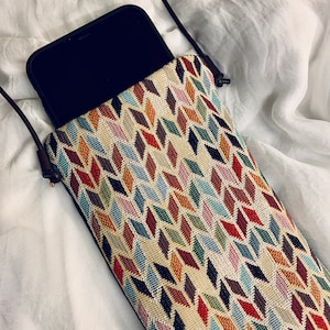 Pochette tapisserie pour téléphone portable faite main, sac à main en tissu, porte-lunettes, étui pour iPhone, lanière en cuir, petite pochette pour collier, design