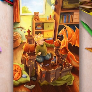 Impresión de arte de sala de juegos mágica, póster A4, ilustración de bebé dragón, lindo castillo y caballeros, colores vibrantes, colorido arte de pared de la habitación de los niños