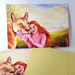 Carte postale fille lion, adorable faune et impression d’art animal en peluche, A6, cartes-cadeaux pour enfants, petit cadeau