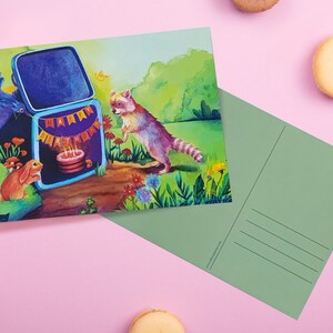 Maxi Geburtstagskarte für Kinder, Tier Geburtstagskarte A5 mit Waschbär, Hase und Rabe