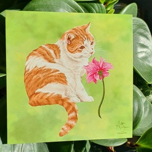 Stampa artistica di gatto arancione con un fiore rosa, opere d'arte di animali, carina cartolina felina, regalo per gli amanti dei gatti, illustrazione primaverile, floreale, pittura quadrata