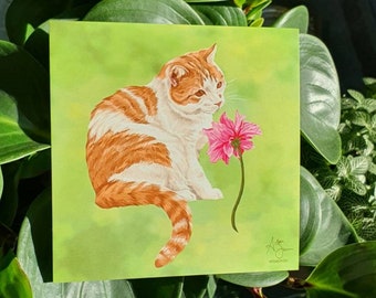 Orange Cat Artprint with a pink flower, animal artwork, cute feline postcard, cat lover gift, spring illustration, floral, square painting